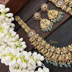 Vriksham Classic Peacock & Lakshmi Pendant Long Neck[piece-Red White & Green-Green Bead-G21087