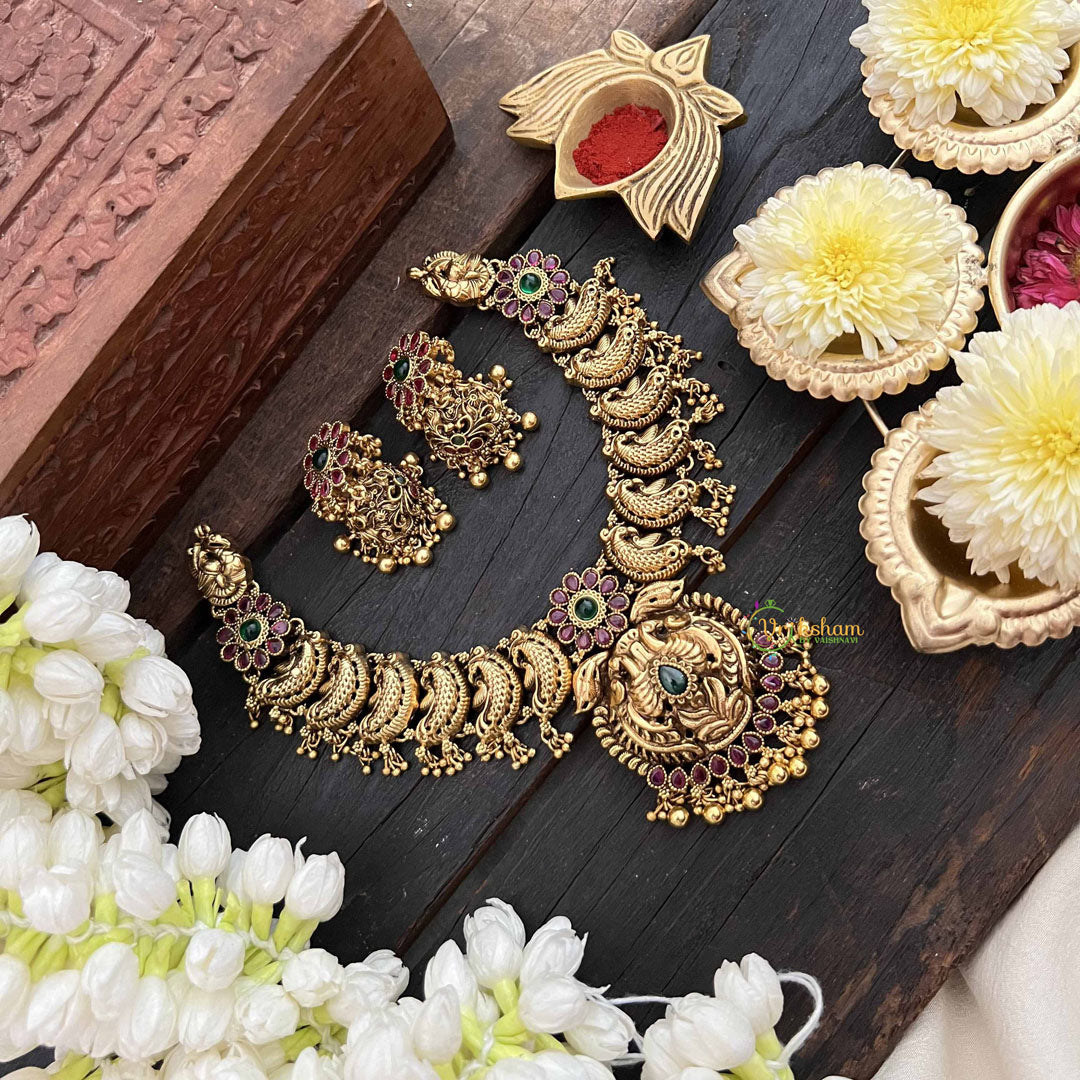 Vriksham Dual Peacock Pendant & Floral Short Neckpiece-Green & Gold Bead-G21064