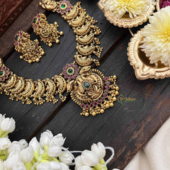 Vriksham Dual Peacock Pendant & Floral Short Neckpiece-Green & Gold Bead-G21064