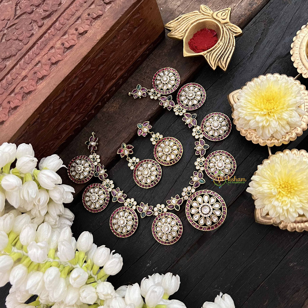 Vriksham Gold Plated AD Floral Coin Short Neckpiece-Red White & Green-G21066