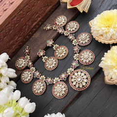 Vriksham Gold Plated AD Floral Coin Short Neckpiece-Red White & Green-G21066