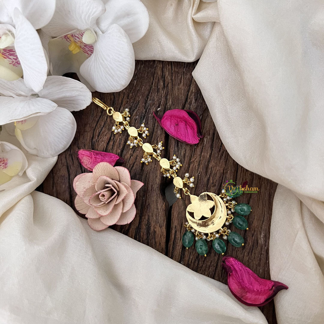 Vriksham Half Moon &  Floral Round Kundan Jadau Maang Tikka-Green Bead-J3480