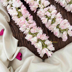 Vriksham Traditional White Pink Mallipoo Triple-Row Hair Garland Flower Accessories-KH1327