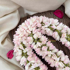 Vriksham Traditional White Pink Mallipoo Triple-Row Hair Garland Flower Accessories-KH1327