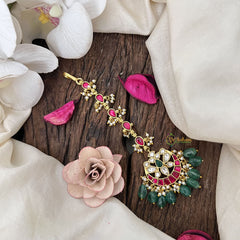 Vriksham Half Moon &  Diya Kundan Jadau Maang Tikka-Green Bead-J3481