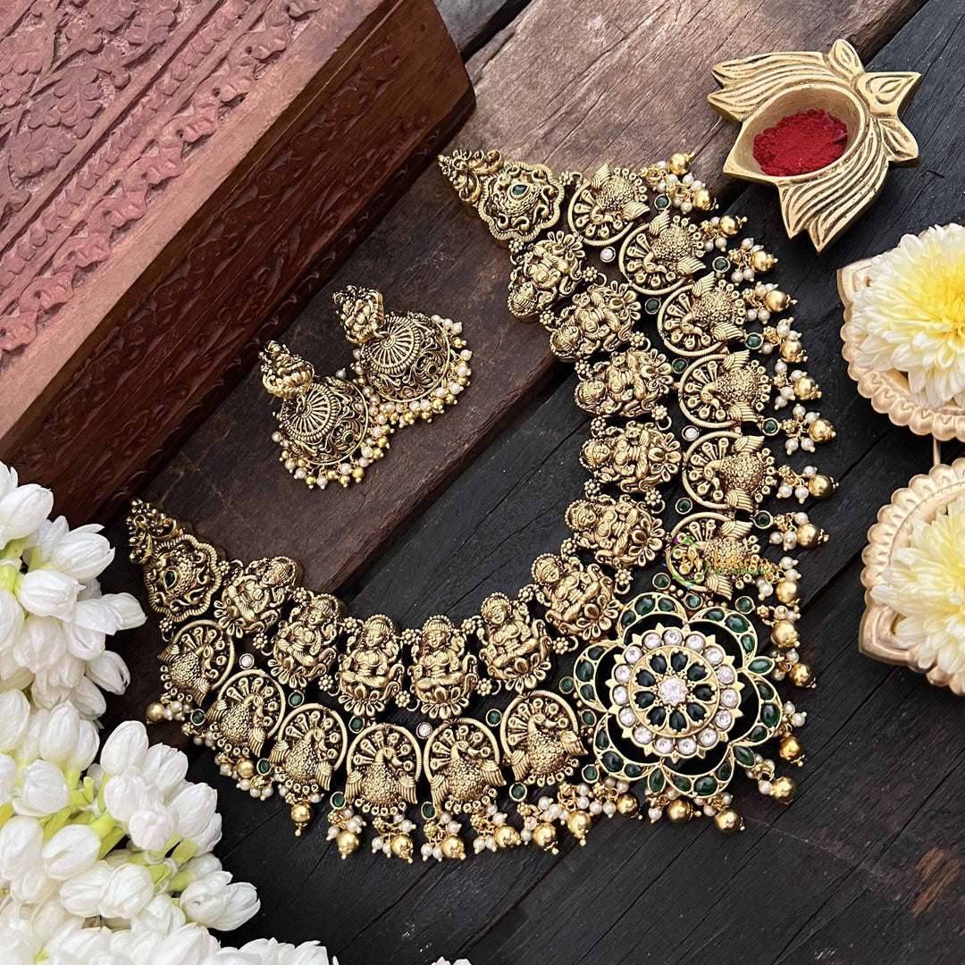 Vriksham Premium Bridal Lakshmi With Peacock Floral Pendant Short Neckpiece-G21089