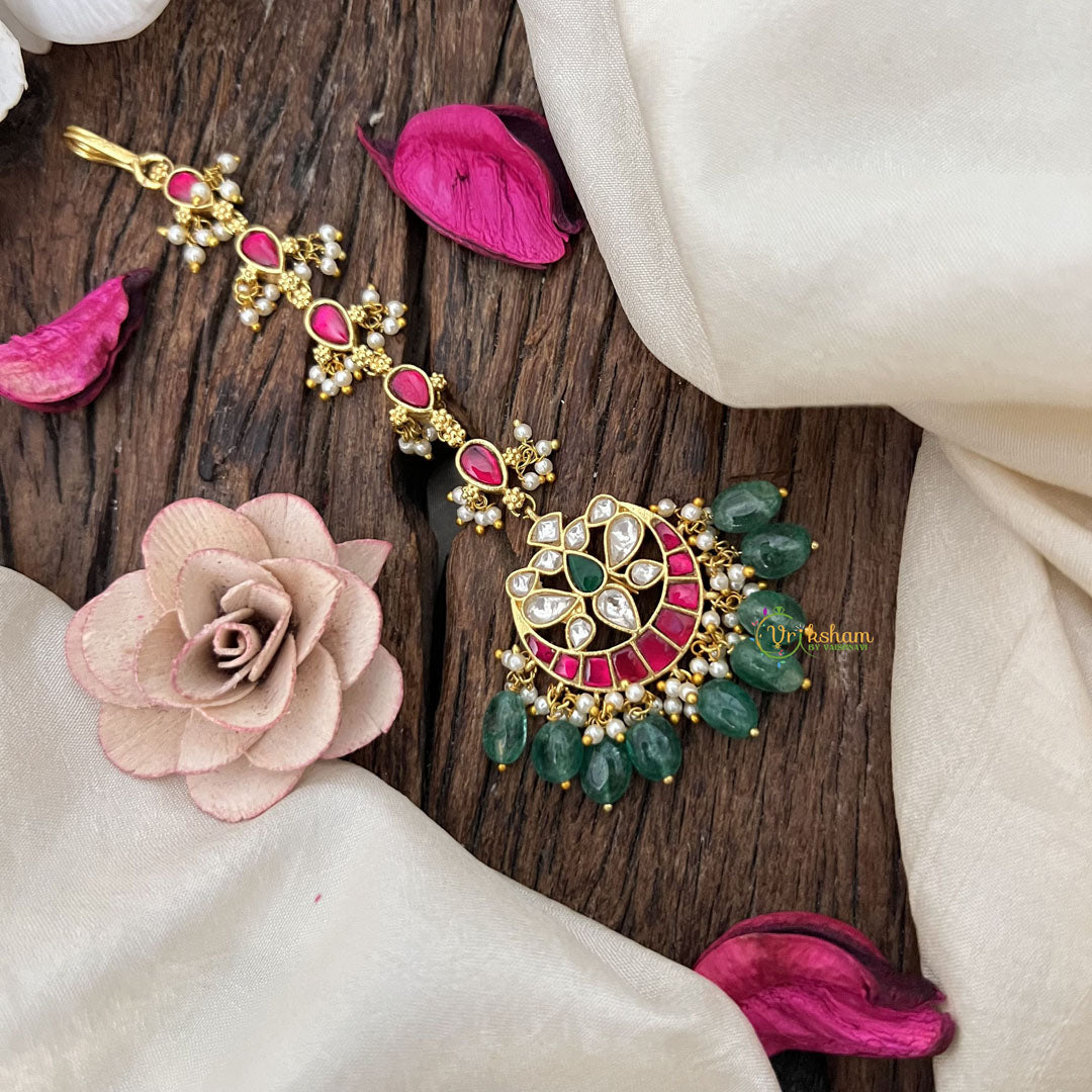 Vriksham Half Moon &  Diya Kundan Jadau Maang Tikka-Green Bead-J3481