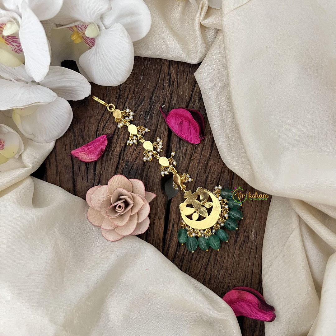 Vriksham Half Moon &  Diya Kundan Jadau Maang Tikka-Green Bead-J3481
