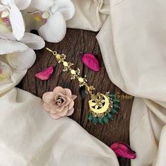 Vriksham Half Moon &  Diya Kundan Jadau Maang Tikka-Green Bead-J3481