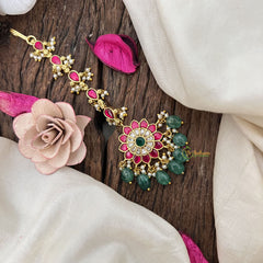 Vriksham Designer Lotus Kundan Jadau Maang Tikka-Green Bead-J3476