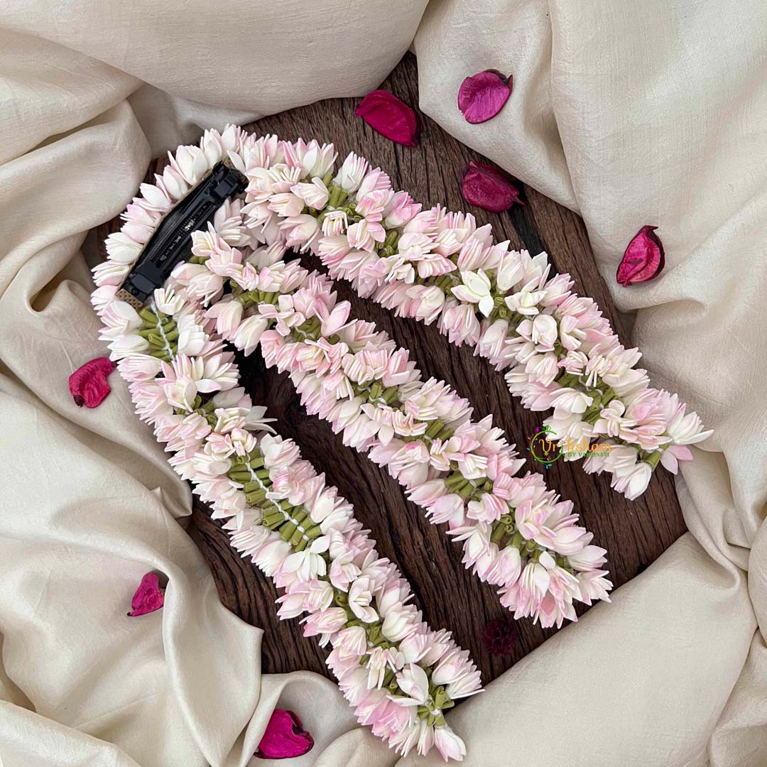 Vriksham Traditional White Pink Mallipoo Triple-Row Hair Garland Flower Accessories-KH1327