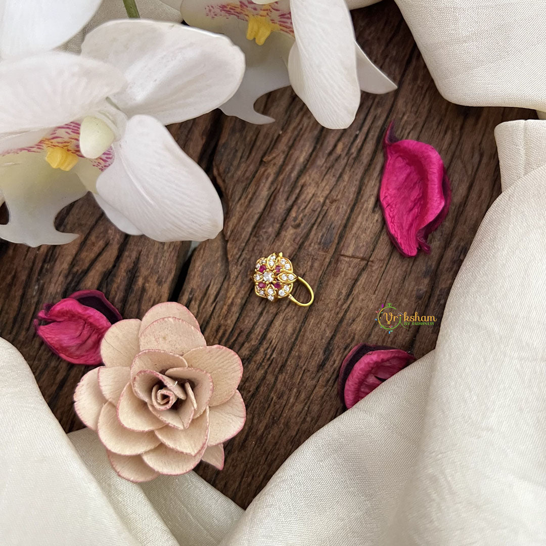 Vriksham Antique Floral Golden Naths/Nose pin-Red White-G18617