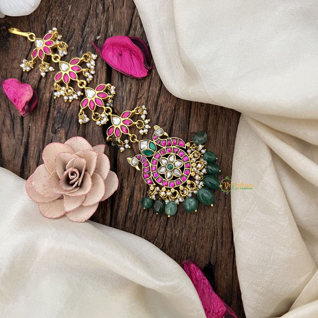 Vriksham Dual Peacock & Floral Round Kundan Jadau Maang Tikka-Green Bead-J3485