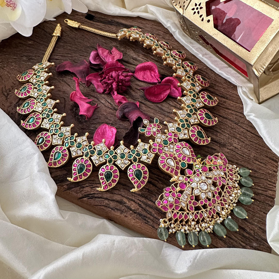 Precious Red Green Kundan Jadau Manga Haram-Aqua Green Bead-J2398