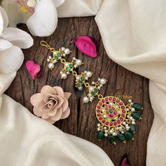 Vriksham Traditional Diya Round Kundan Jadau Maang Tikka-Green Bead-J3484