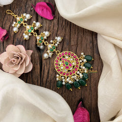 Vriksham Traditional Diya Round Kundan Jadau Maang Tikka-Green Bead-J3484