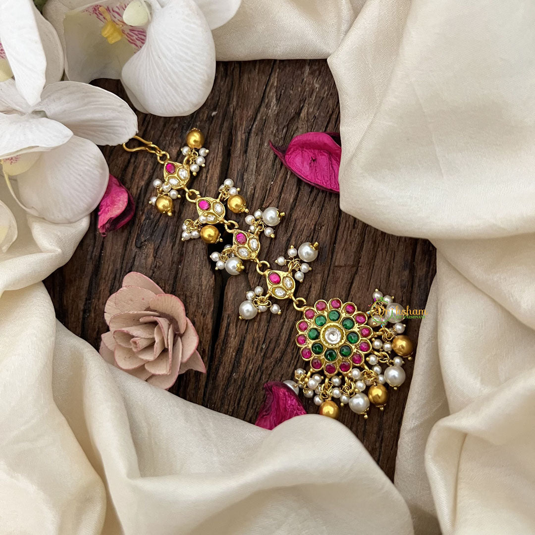 Vriksham Designer Floral Bridal Design Pearl Kundan Jadau Maang Tikka-Gold Bead-J3489