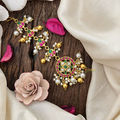 Vriksham Rounded Floral With Pearl Kundan Jadau Maang Tikka-Green Bead-J3487
