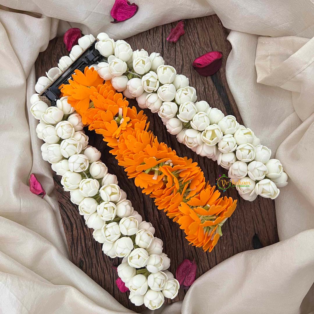 Vriksham Classic Triple-Layered Jasmine Bud & Orange Flower Hair Extension Flower Accessories-KH1326