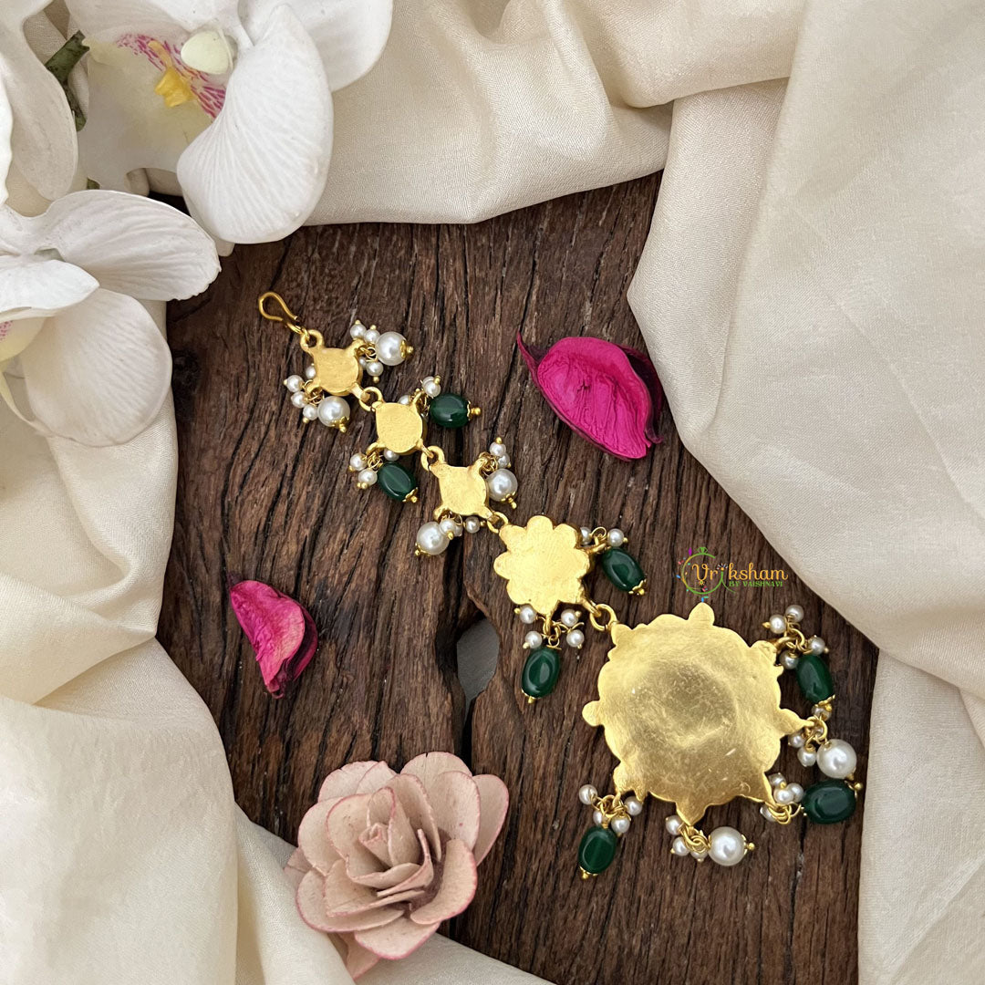 Vriksham Festive Kundan With Ruby Pear Shapes Kundan Jadau Maang Tikka-Green Bead-J3486