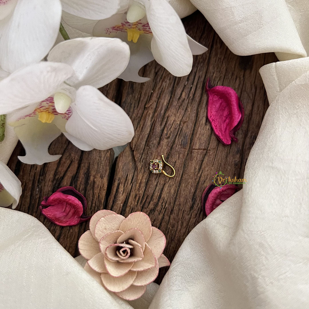 Vriksham Designer Square Golden Naths/Nose pin-Red White & Green-G18628