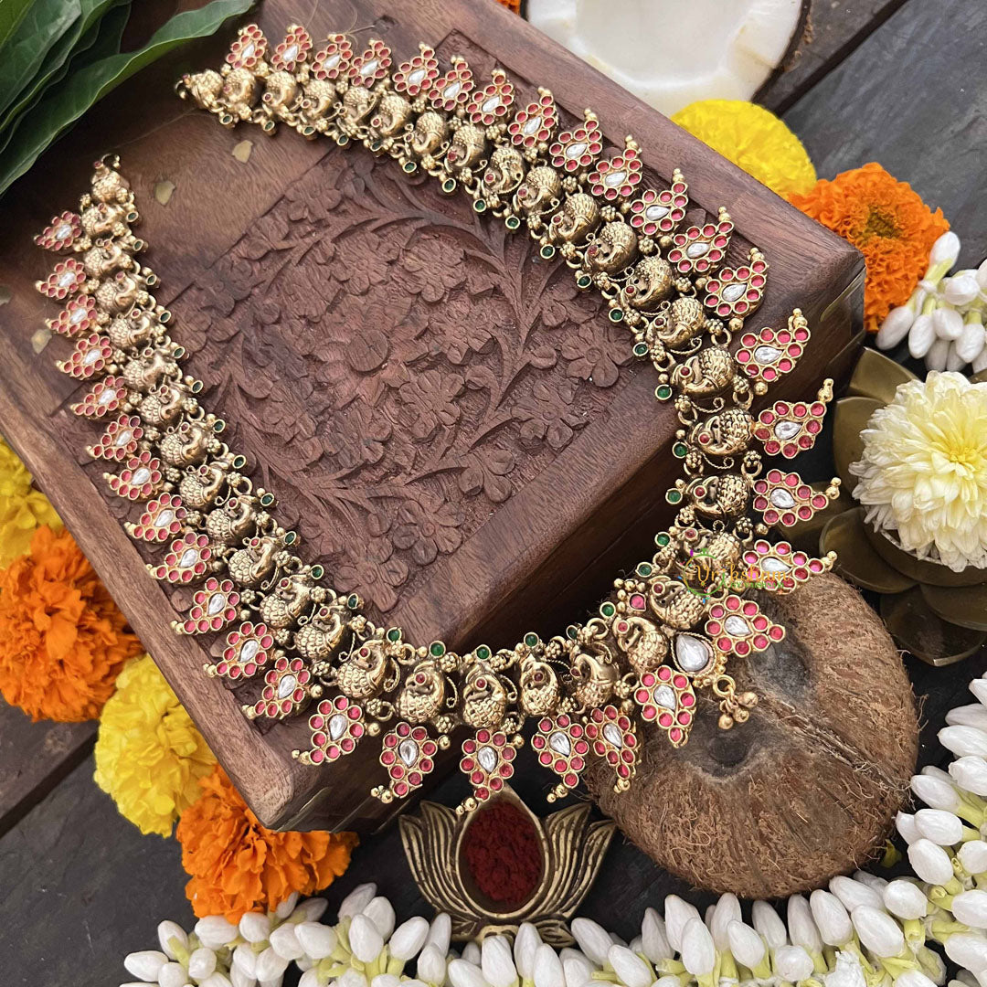 Vriksham Antique Peacock Red Green & White Stone 1 gm gold Neckpiece-G20308
