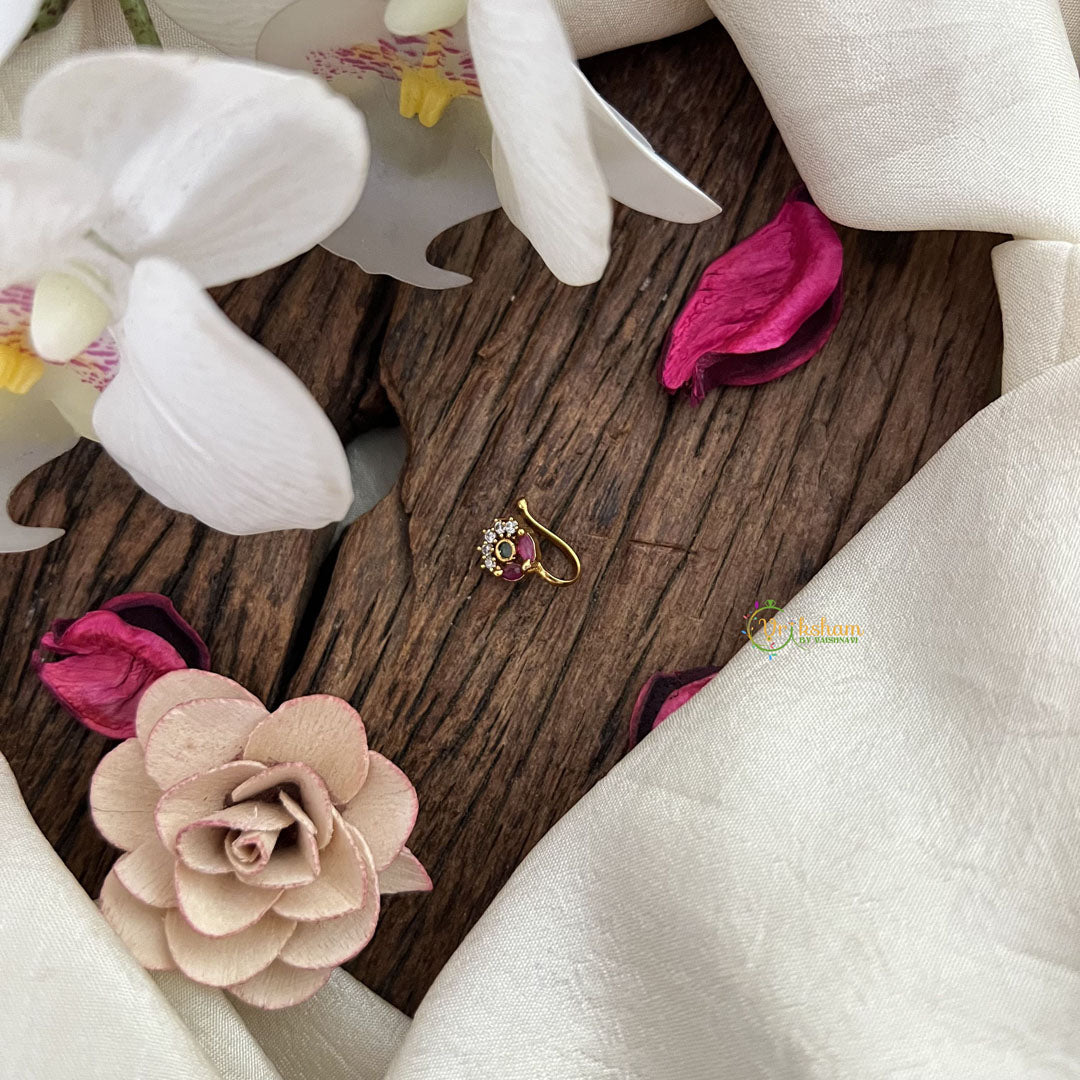 Vriksham Designer Floral Golden Naths/Nose pin-Green Red & White-G18625