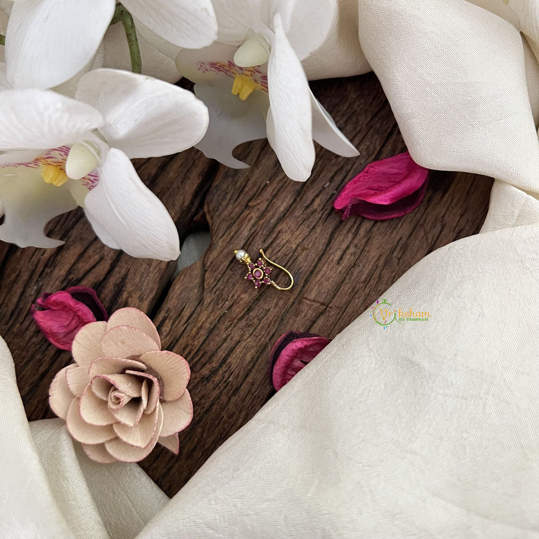 Vriksham Flower Golden Naths/Nose pin-Red-Pearl-G18638