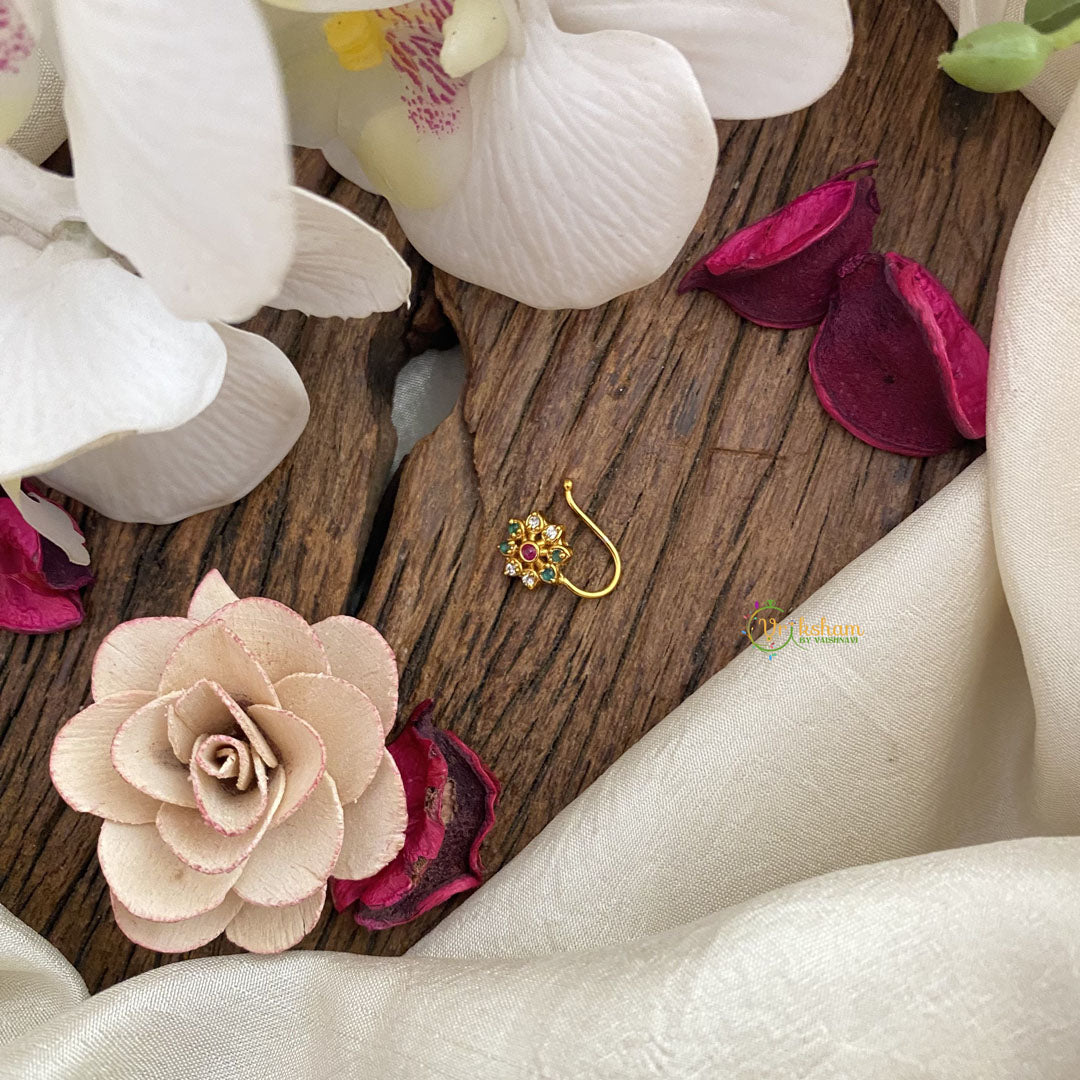 Vriksham Exquisite Floral AD Stone Nath/Nose pin-Red Green & White-G17414