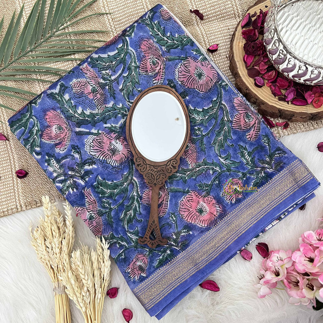 Vriksham Blue & Pitch Floral Maheshwari Silk Cotton Saree-Handloom Maheshwari Saree-VS4941