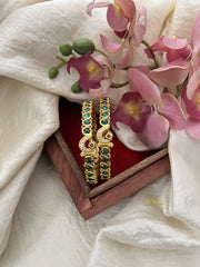 Premium Gold Look Alike Kemp Imitation Bangle Set - Green Peacock Bangles - G11963