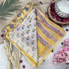 Vriksham Light Yellow Floral Print Maheshwari Cotton Silk Saree-Handloom-VS4932