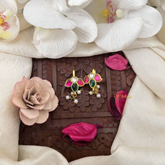 Vriksham Elegant Three Leaf Kundan Jadau Press Bugadi-Red Green & White-Pearl-J3500