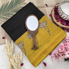 Vriksham Black With Mustered Yellow Maheshwari Cotton Silk Saree-Handloom-VS4931