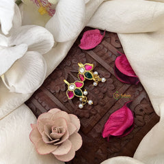 Vriksham Elegant Three Leaf Kundan Jadau Press Bugadi-Red Green & White-Pearl-J3500