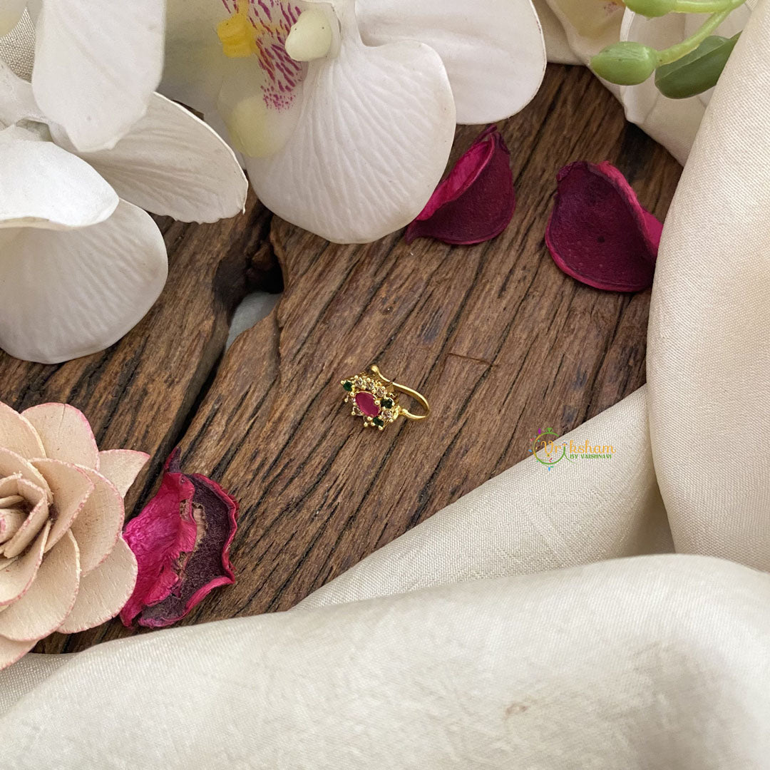 Vriksham Tear Drop AD Stone Nath/Nose pin-Red,Green & White-G17338