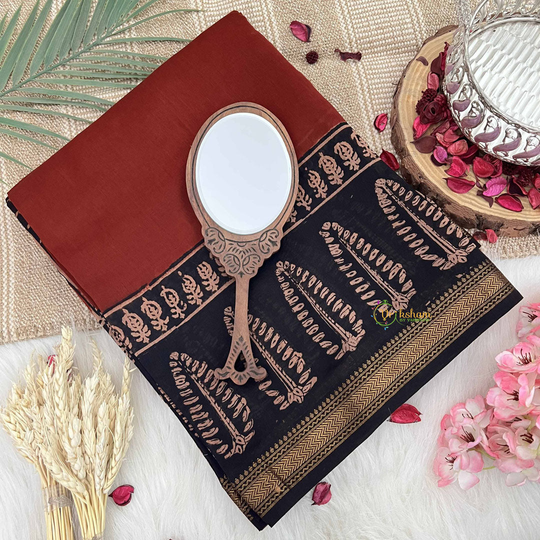 Vriksham Burn Red & Black Maheshwari Silk Cotton Saree-Handloom Maheshwari Saree-VS4944