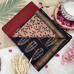 Vriksham Burn Red & Black Maheshwari Silk Cotton Saree-Handloom Maheshwari Saree-VS4944