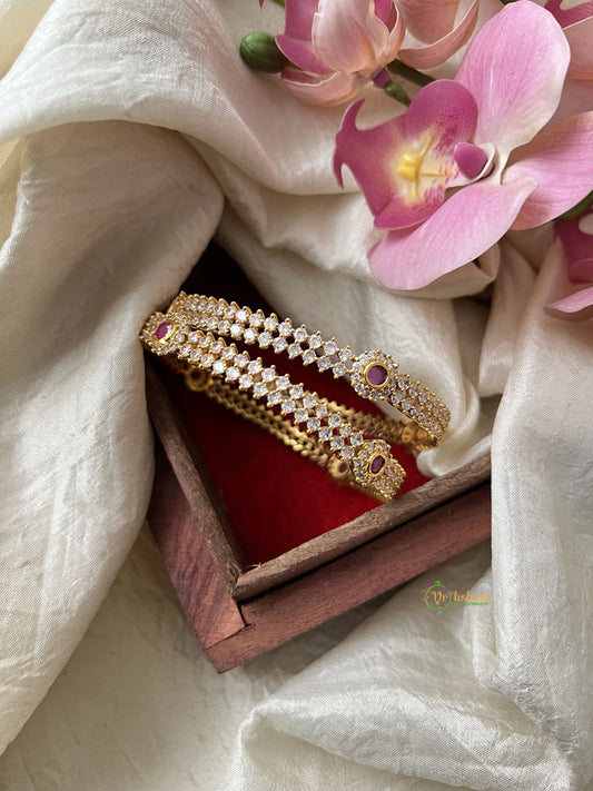 Premium Gold Look Alike AD Stone Bangle Set - Red White  Bridal Bangle  - G11953