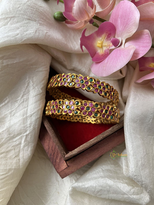 Premium Gold Look Alike AD Stone Bangle Set - Paisley- Red Green - G11912