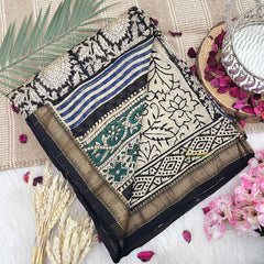 Vriksham Black and White Maheshwari Cotton Silk Saree -Handloom Maheshwari Saree-VS4934