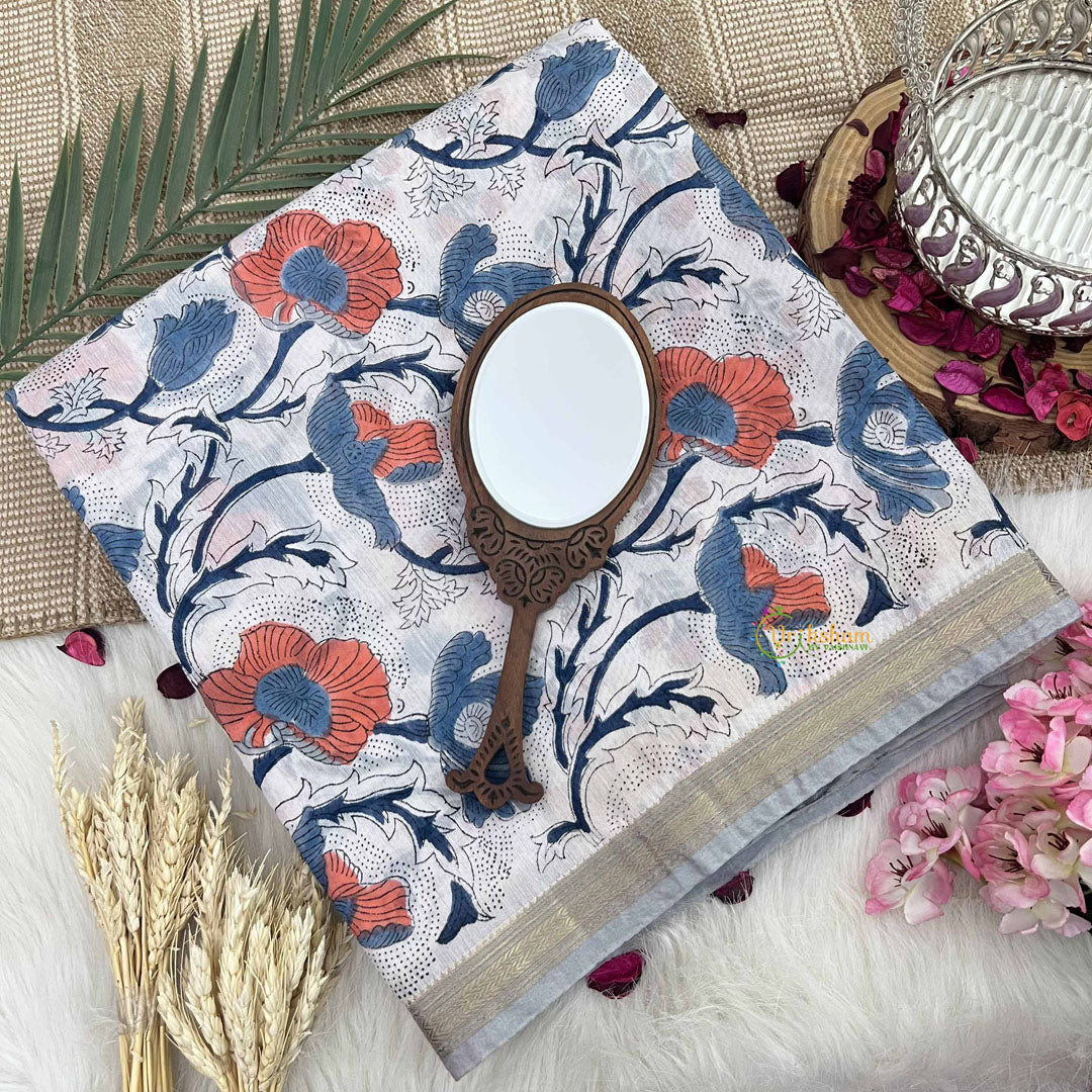 Vriksham White & Pitch Floral Maheshwari Silk Cotton Saree-Handloom Maheshwari Saree-VS4940