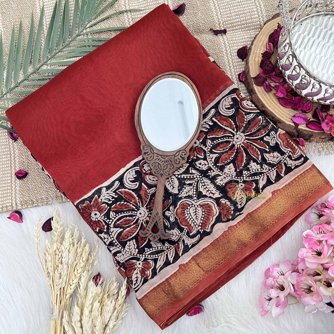 Vriksham Radish Red & Black Floral Maheshwari Silk Cotton Saree-Handloom Maheshwari Saree-VS4939