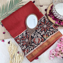 Vriksham Radish Red & Black Floral Maheshwari Silk Cotton Saree-Handloom Maheshwari Saree-VS4939