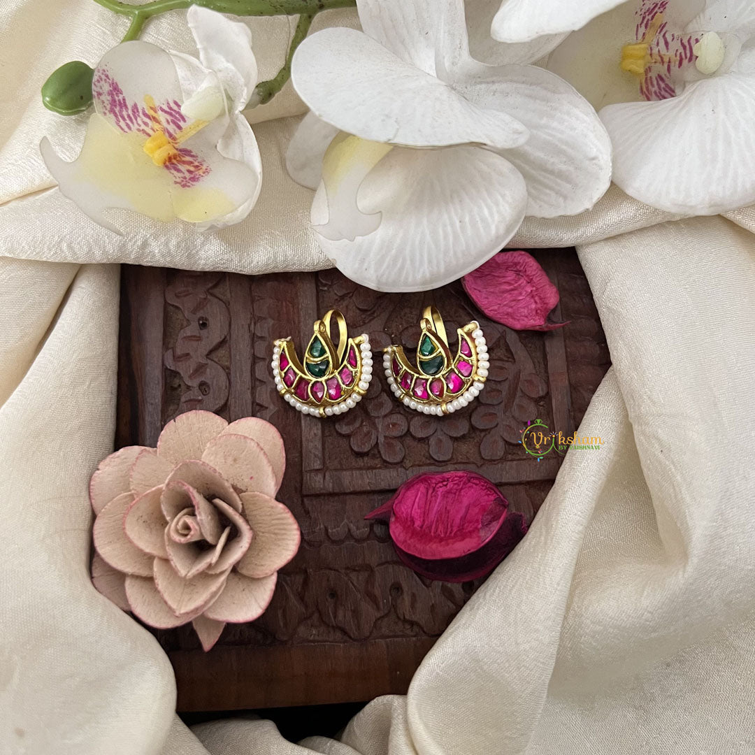 Vriksham Half Moon & Diya With Pearl Kundan Jadau Press Bugadi-Red Green-J3528