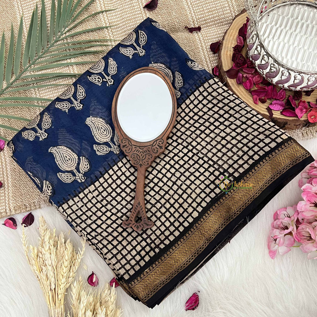 Vriksham Blue & Cream Manga Maheshwari Silk Cotton Saree-Handloom Maheshwari Saree-VS4937