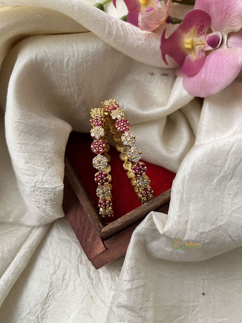 Premium Gold Look Alike AD Stone Bangle Set - Floral Red White Bridal Bangle  - G11949