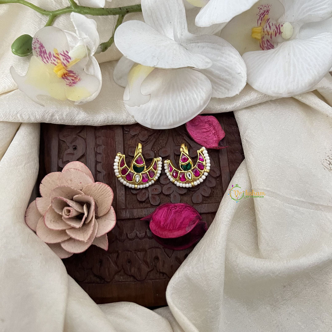 Vriksham Half Moon & Diya With Pearl Kundan Jadau Press Bugadi-Red White & Green-J3527