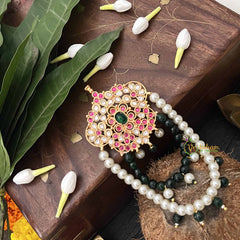 Vriksham Antique Floral With Green & White Beaded Design 1 Gram Gold Jad Billai-G20331