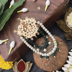 Vriksham Antique Floral With Green & White Beaded Design 1 Gram Gold Jad Billai-G20331
